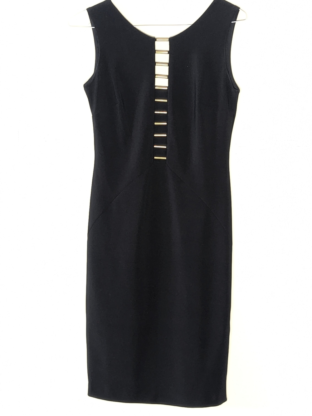 Joseph Ribkoff Open Back Black Dress with Gold Ladder Bars Details